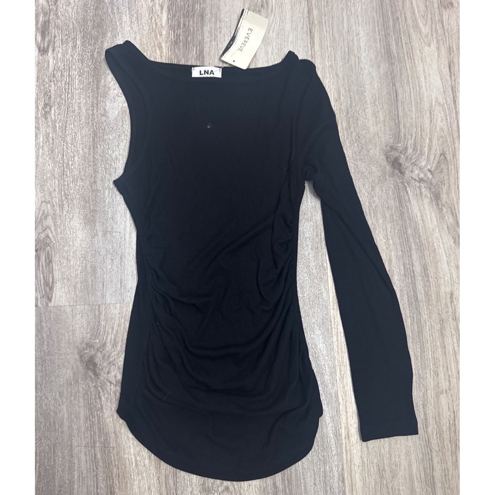 Evereve LNA Womens Black Ribbed One Sleeve Ruched‎ Asymmetrical Top XS NWT